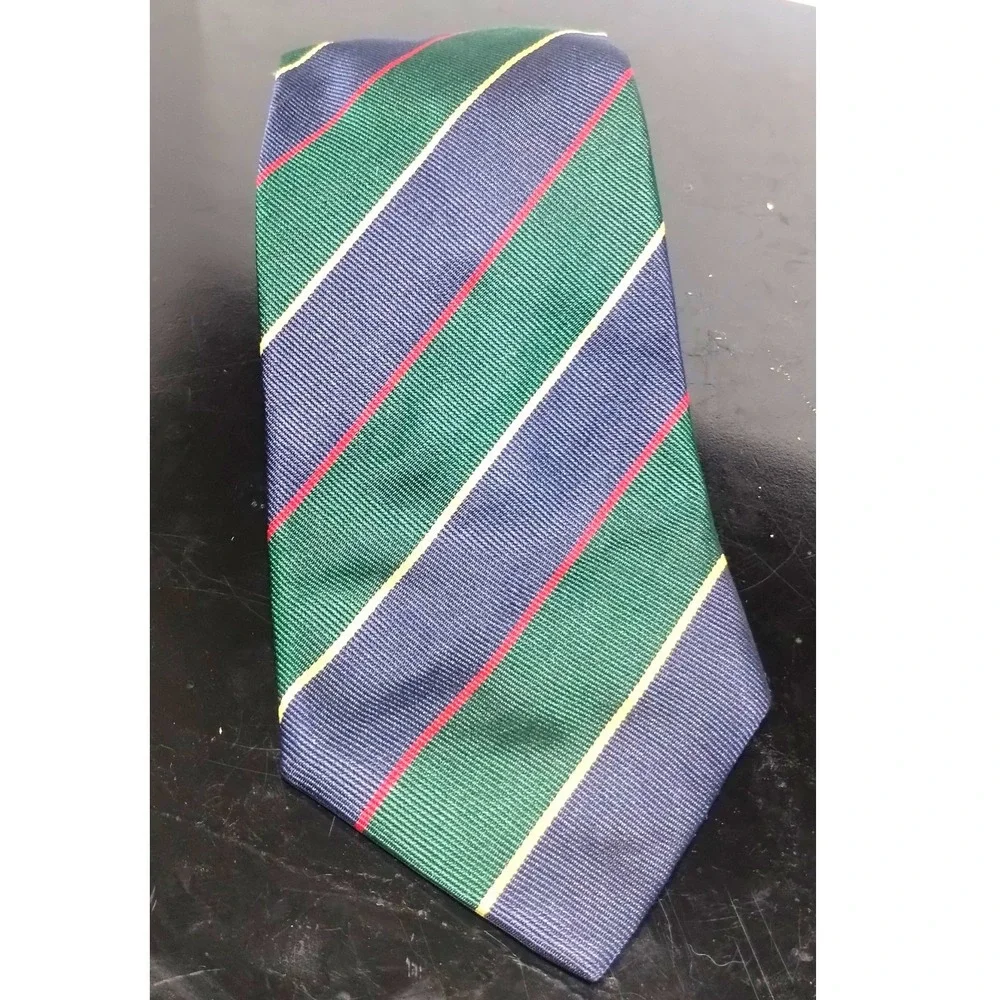 Lands End Vintage Mens Repp Stripe Silk Tie Green Navy Blue Red Yellow USA